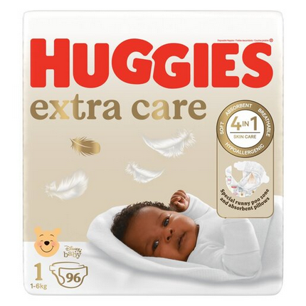 Huggies Extra Care Size 1 New Baby 96 Nappies (Up to 6kg) Jumbo Pack