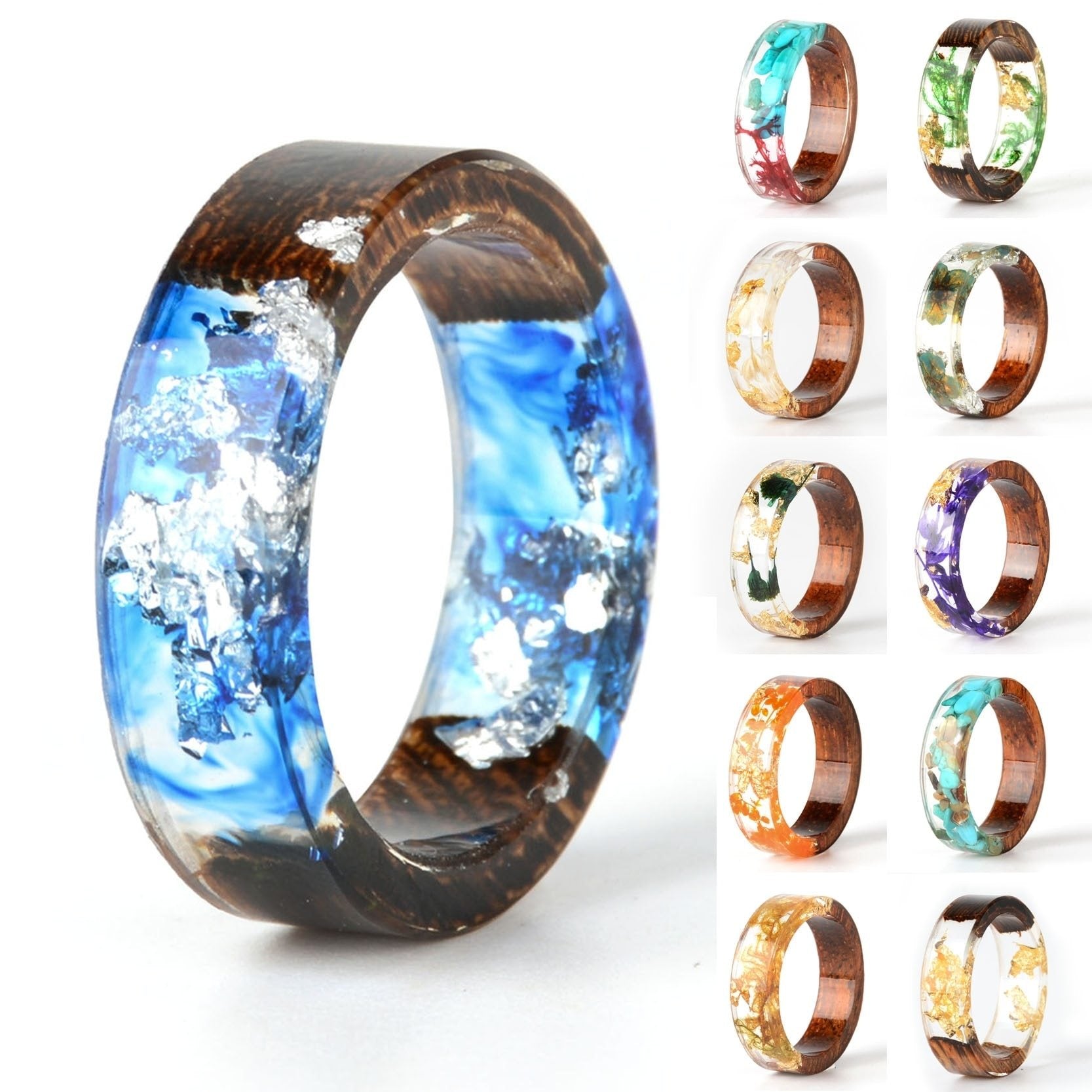 Handmade DIY romantic dry flower Real wood resin ring gold / silver