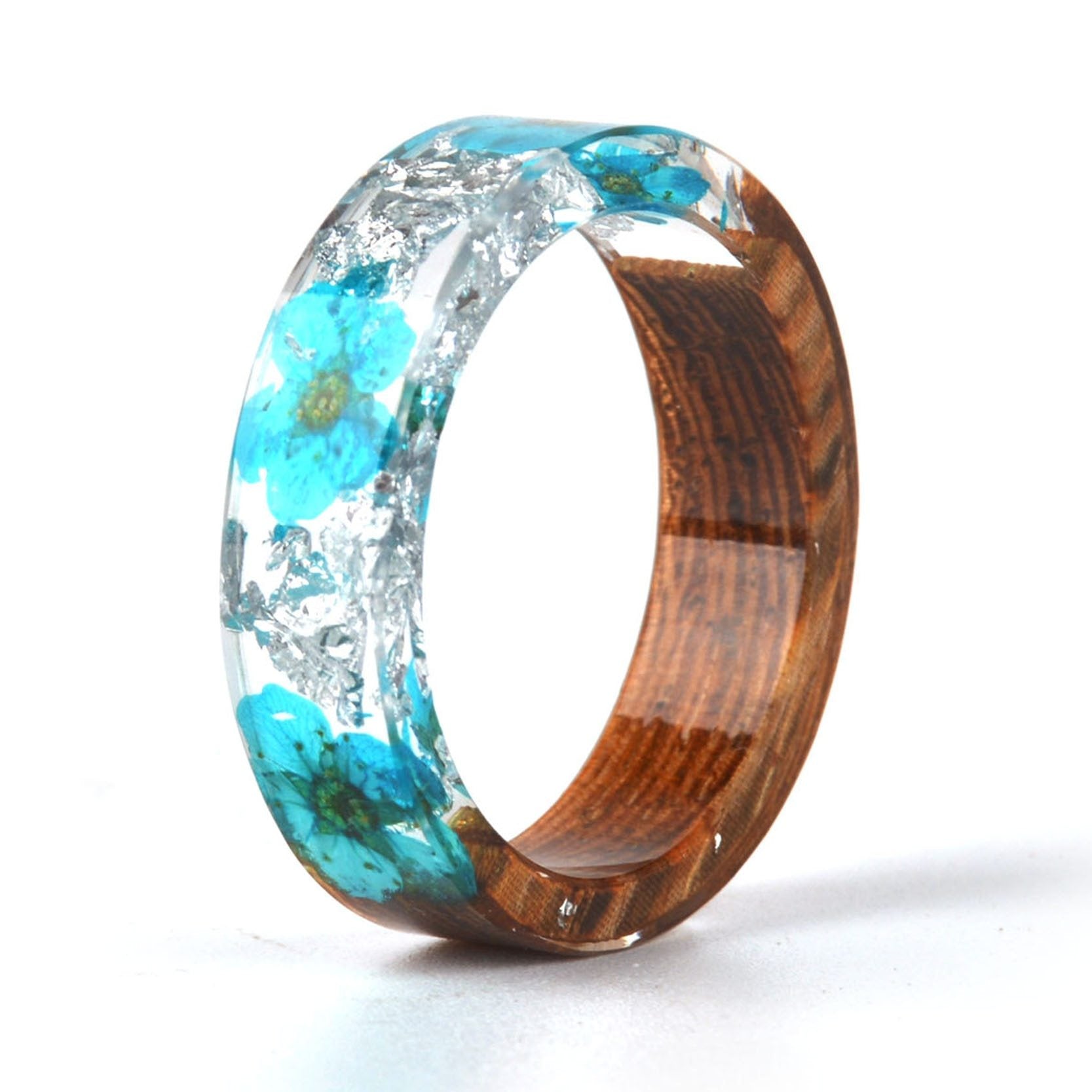 Handmade DIY romantic dry flower Real wood resin ring gold / silver