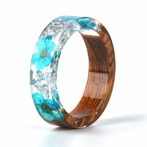 Handmade DIY romantic dry flower Real wood resin ring gold / silver