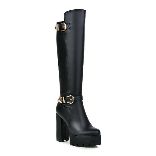 Thick Heels Zip Button Decoration Suede Leather Knee High Boots