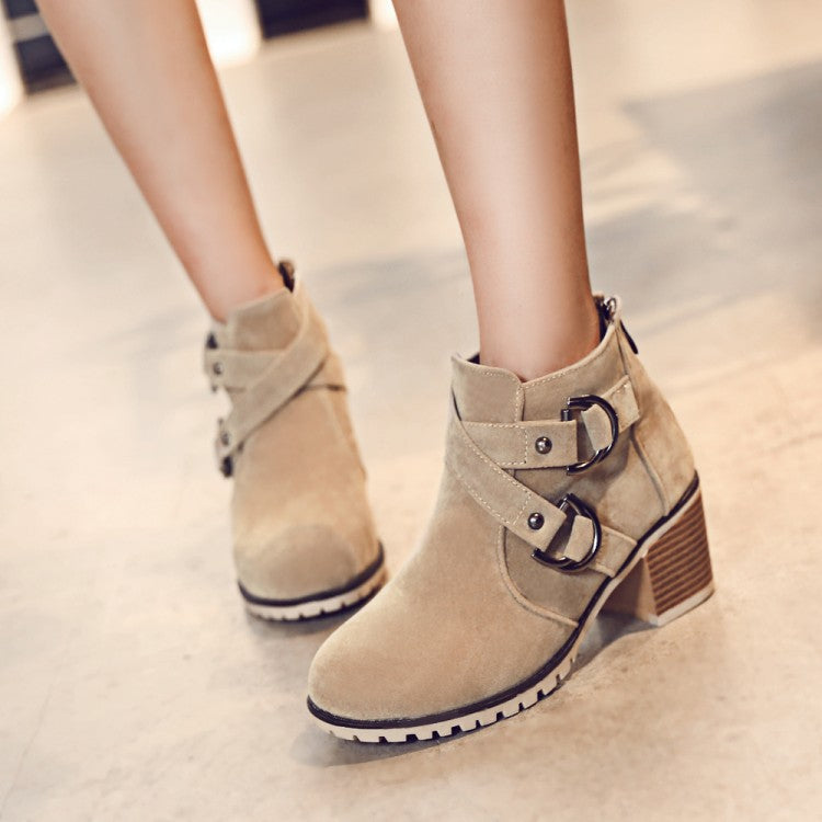 Thick Middle Heel Metal Buckle Suede Leather Ankle Boots