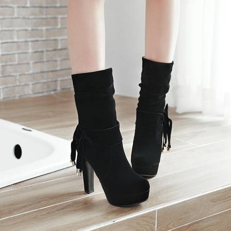 Bowtie Flock Thin High Heel Platform Mid Calf Boots