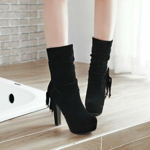 Bowtie Flock Thin High Heel Platform Mid Calf Boots