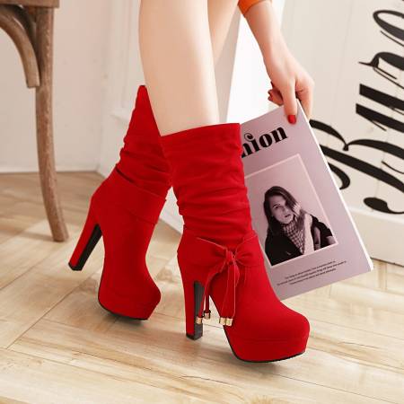 Bowtie Flock Thin High Heel Platform Mid Calf Boots