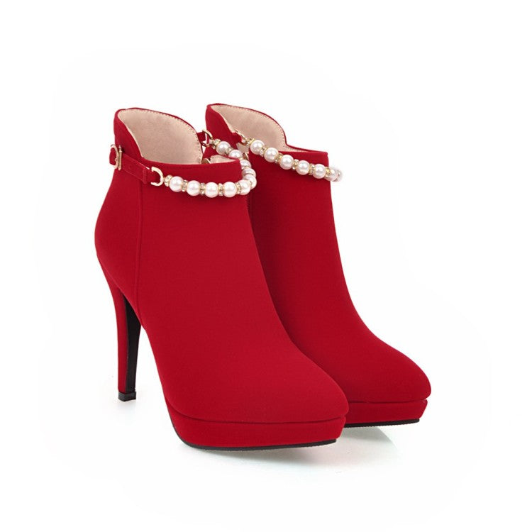 Thin High Heel Zipper Suede Leather Beading Ankle Boots