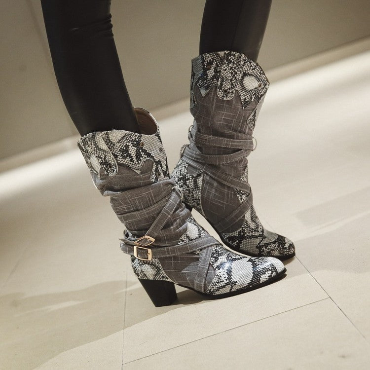 Serpentine PU Leather Slip On Buckle Thick Middle Heels Mid Calf Boots