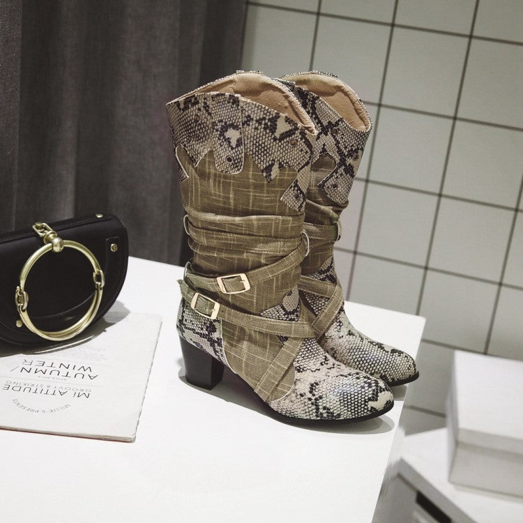 Serpentine PU Leather Slip On Buckle Thick Middle Heels Mid Calf Boots