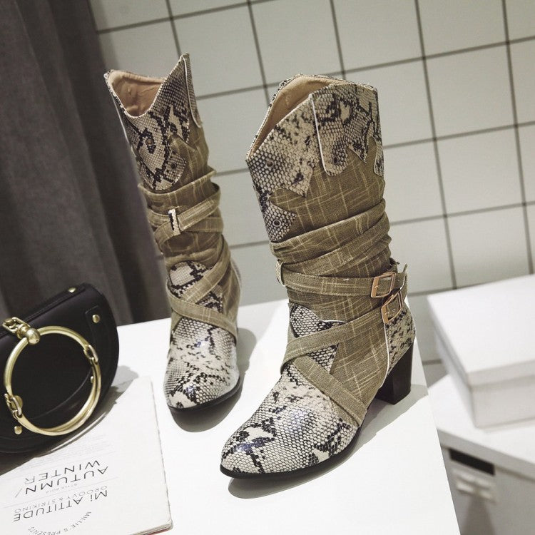 Serpentine PU Leather Slip On Buckle Thick Middle Heels Mid Calf Boots