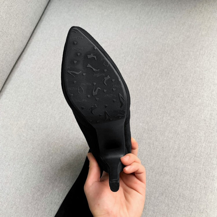 Bowtie High Heel Slip On Suede Leather Over Knee Boots