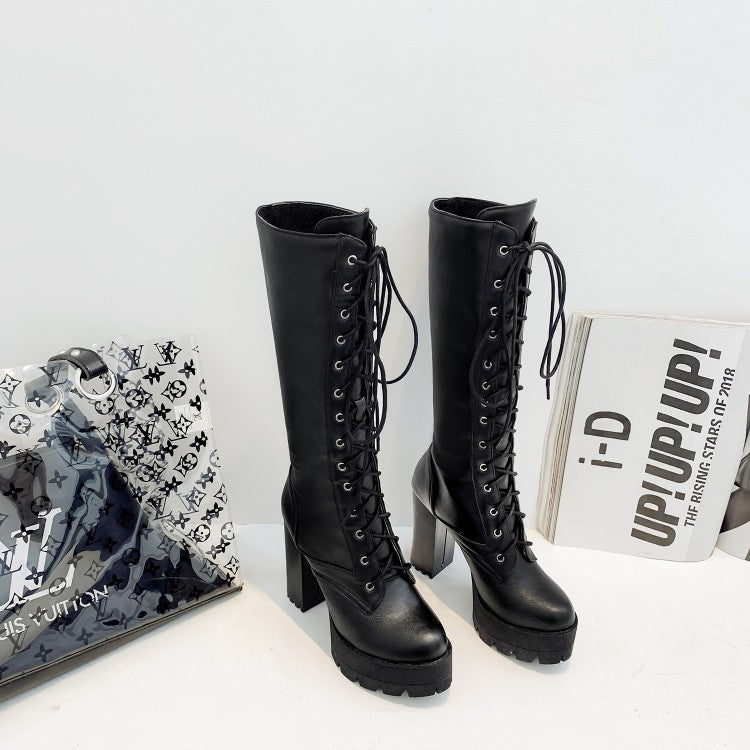 Women's boots platform super High Heel Block Heel Mid Calf Boots