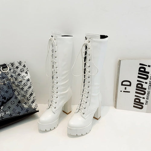 Women's boots platform super High Heel Block Heel Mid Calf Boots