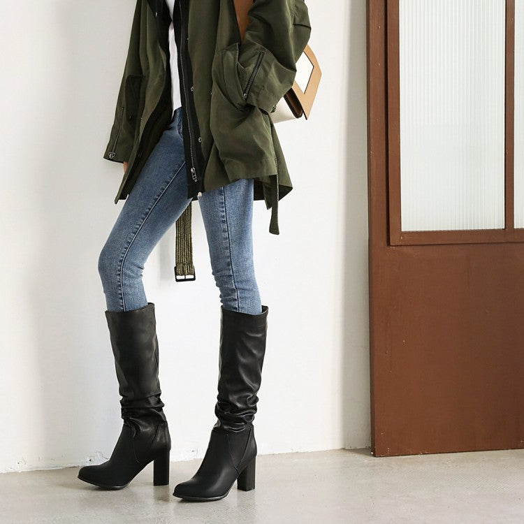 PU Leather Slip On Square High Heels Mid Calf Boots