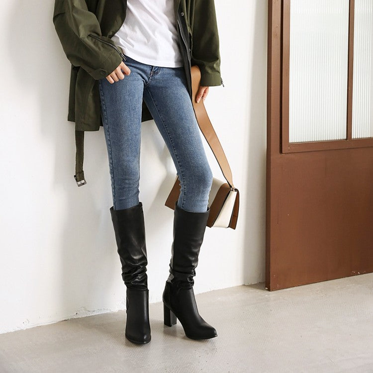 PU Leather Slip On Square High Heels Mid Calf Boots