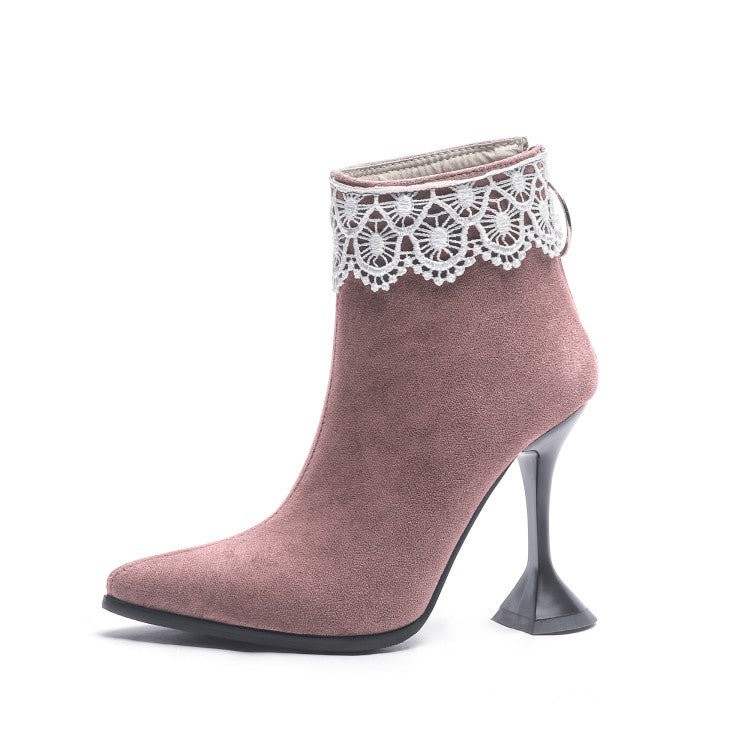 Thin High Heels Zip Lace Suede Leather Ankle Boots with Pull Ring