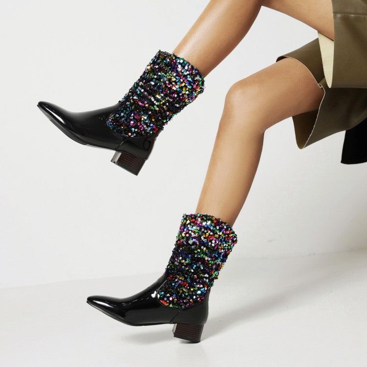 Bling Sequin Cloth Slip On Pointed Toe Ankle Boots