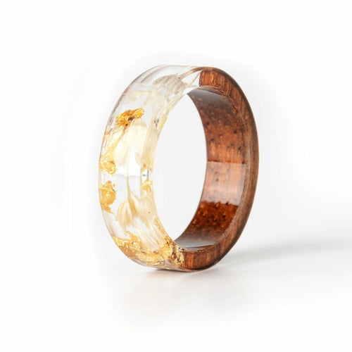 Handmade DIY romantic dry flower Real wood resin ring gold / silver