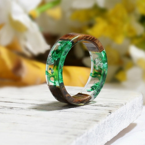 Handmade DIY romantic dry flower Real wood resin ring gold / silver