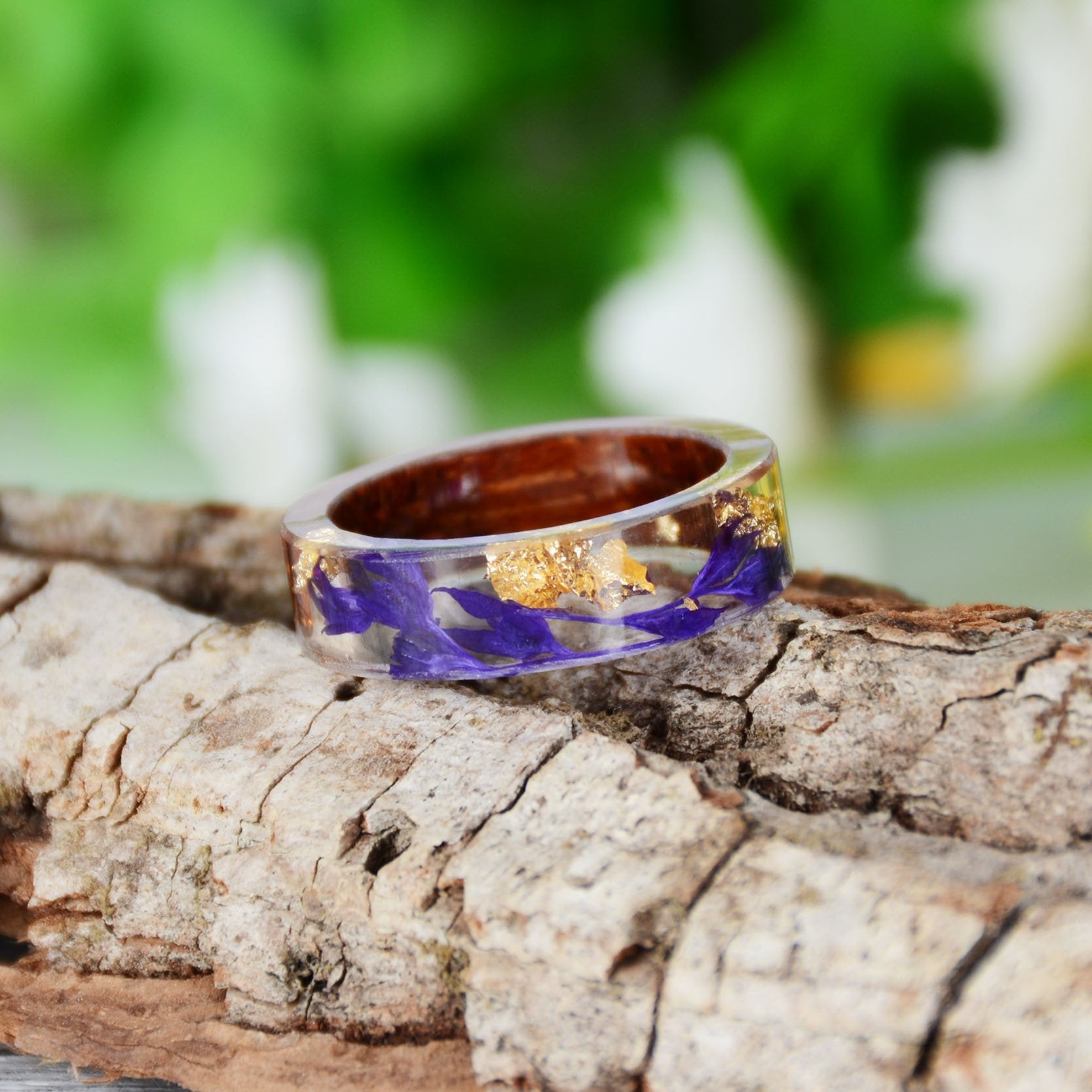 Handmade DIY romantic dry flower Real wood resin ring gold / silver