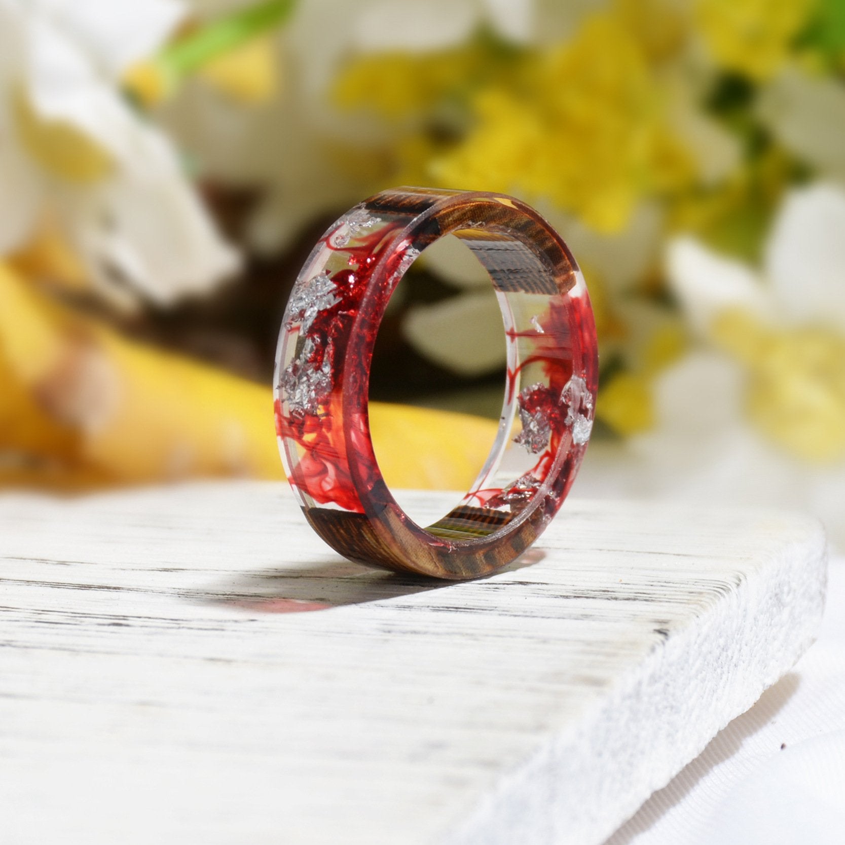 Handmade DIY romantic dry flower Real wood resin ring gold / silver