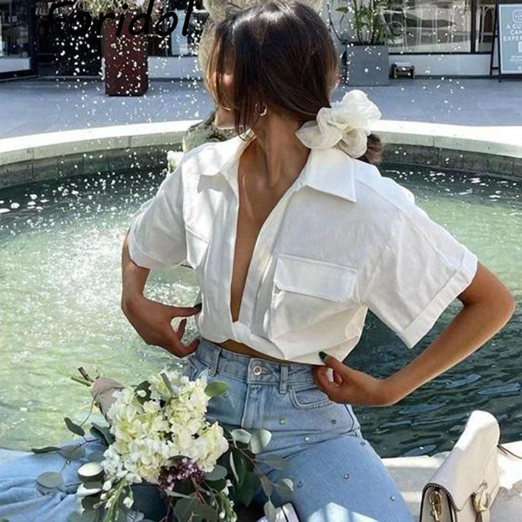 Solid White Office Ladies Casual Shirt Tops Short Sleeve Pockets