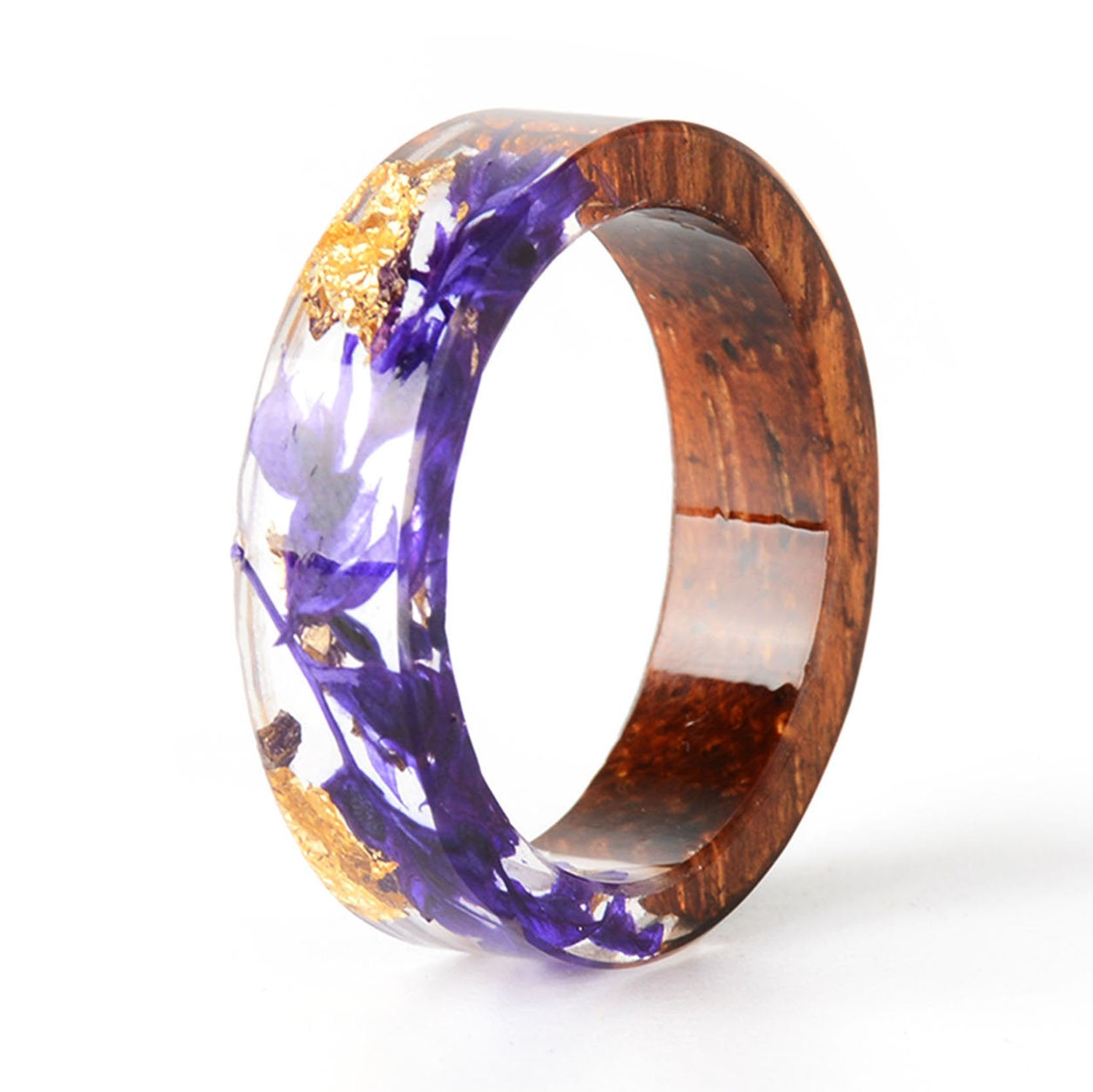 Handmade DIY romantic dry flower Real wood resin ring gold / silver