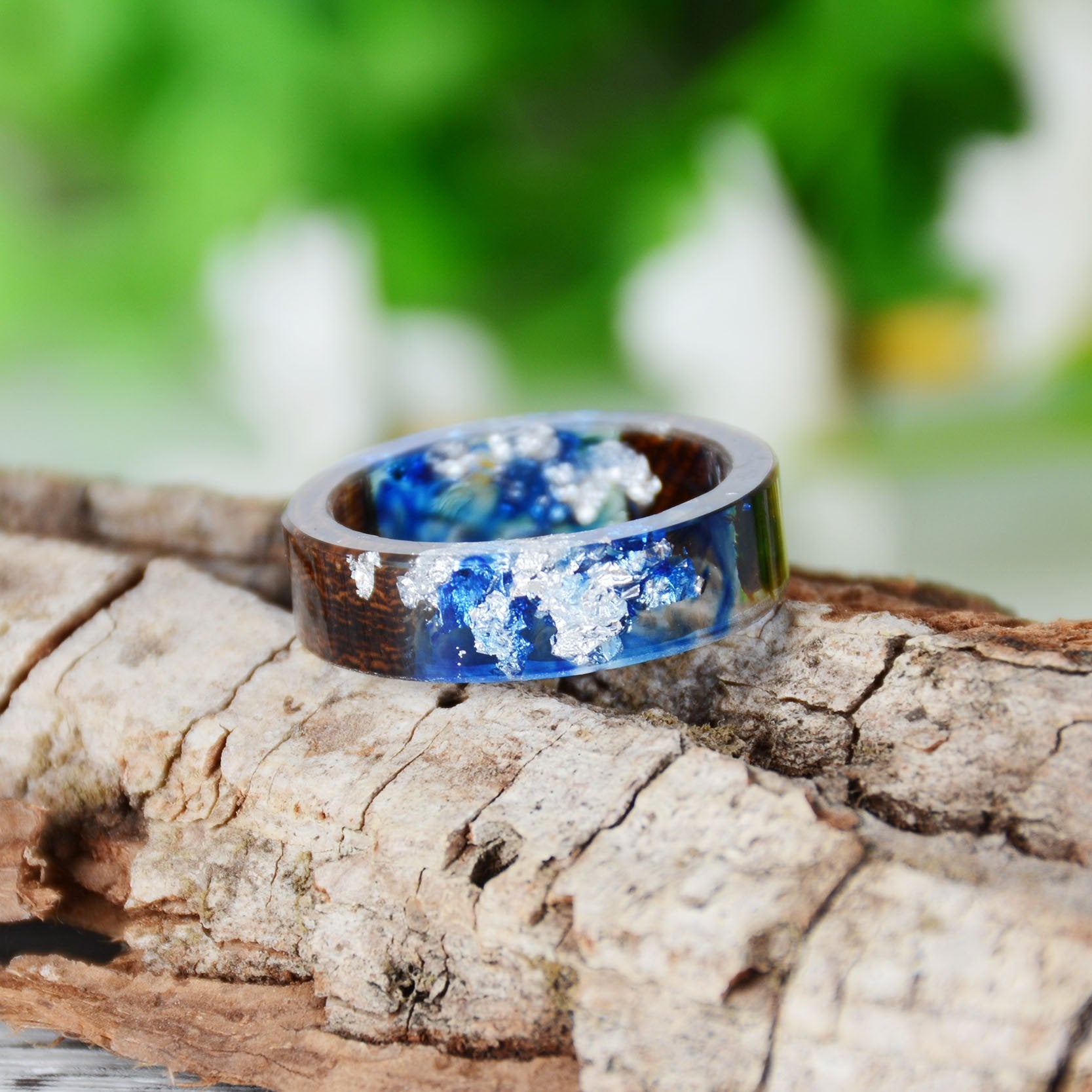 Handmade DIY romantic dry flower Real wood resin ring gold / silver