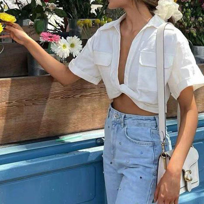 Solid White Office Ladies Casual Shirt Tops Short Sleeve Pockets