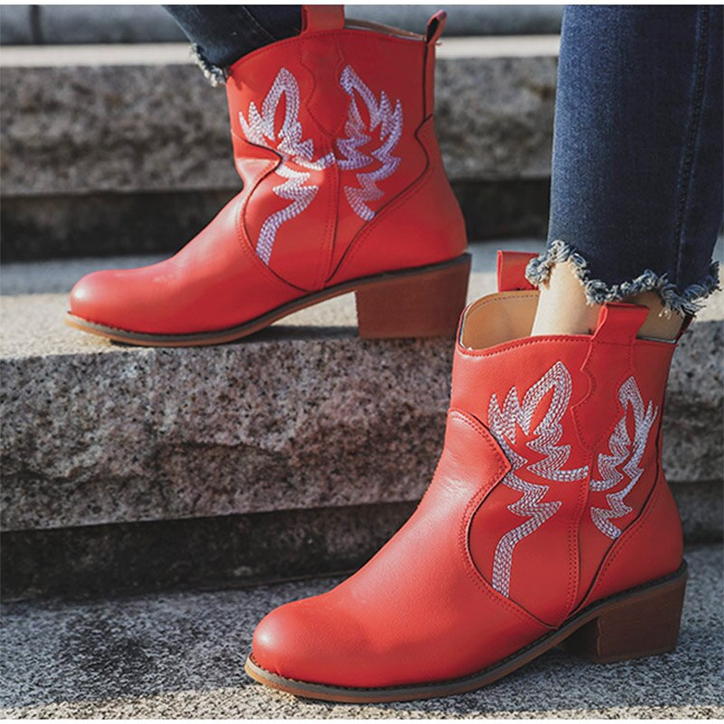 Women Ankle Boots Chunky Heels Embroidered Slip On Wedges Short Plush