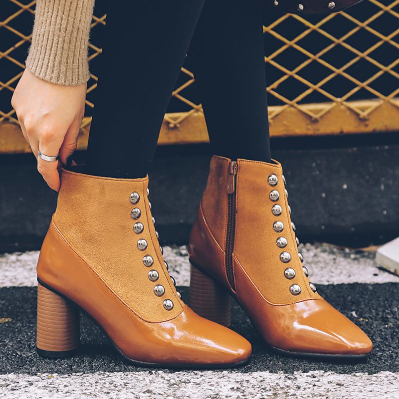 Vintage Square Toe Ankle
Boots For Women Zipper High Heels Shoes