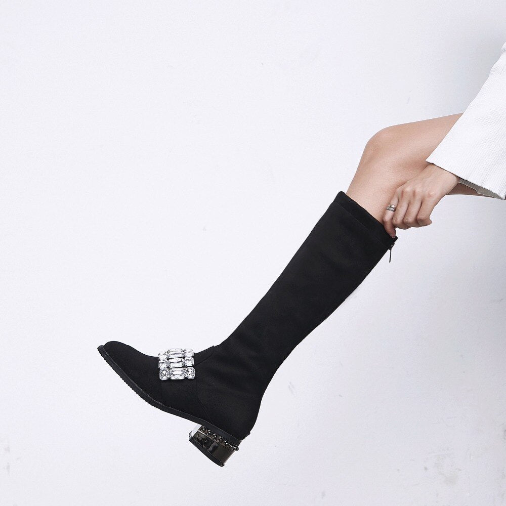 Knee High Boots For Women Metal
Thick Heels Flock Long Winter Booties