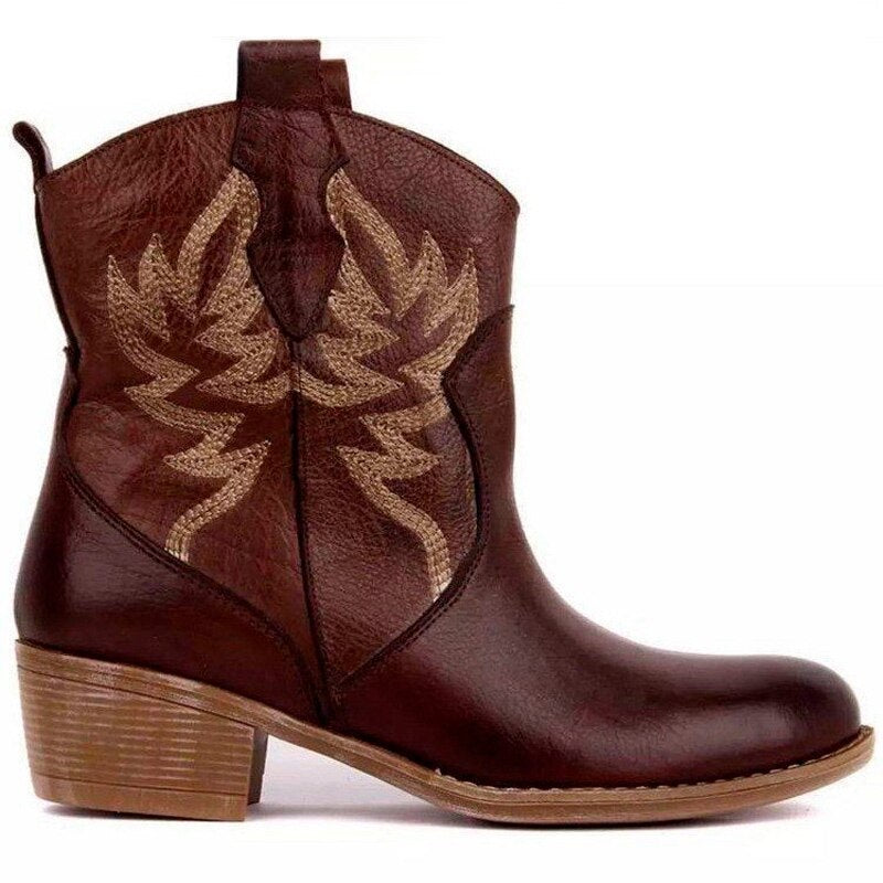 Women Ankle Boots Chunky Heels Embroidered Slip On Wedges Short Plush