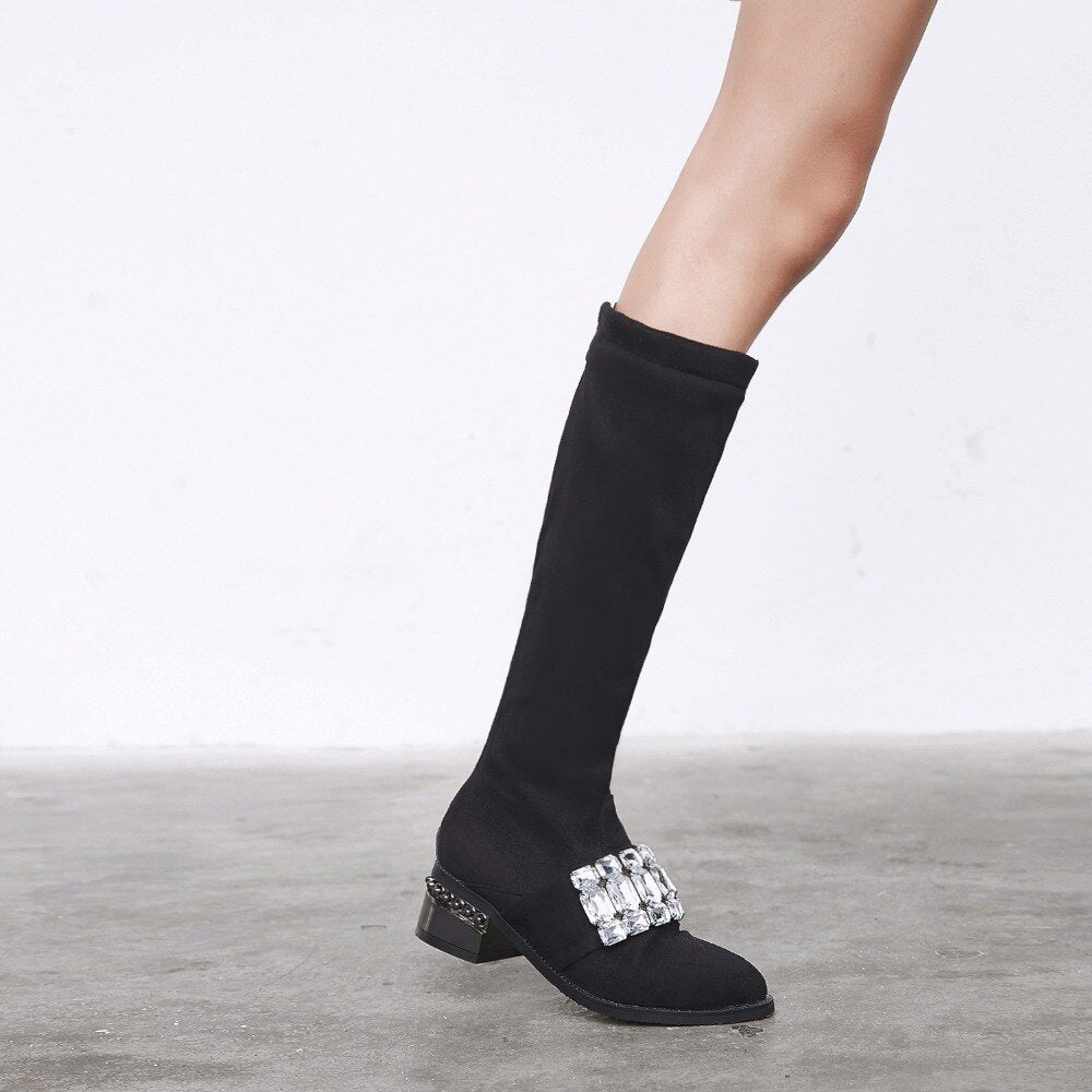 Knee High Boots For Women Metal
Thick Heels Flock Long Winter Booties