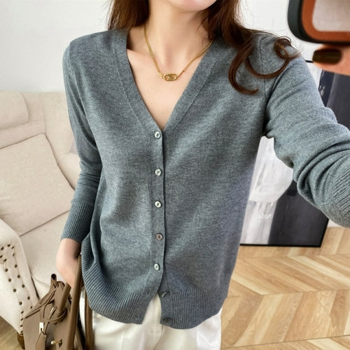 New V Neck Long Sleeve Sweater Button Cardigan Ladies Knit Tops