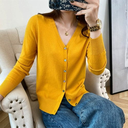 New V Neck Long Sleeve Sweater Button Cardigan Ladies Knit Tops