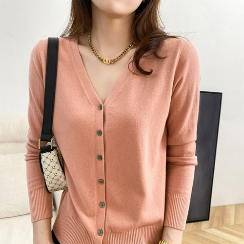 New V Neck Long Sleeve Sweater Button Cardigan Ladies Knit Tops