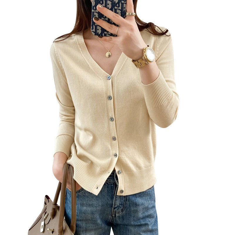New V Neck Long Sleeve Sweater Button Cardigan Ladies Knit Tops