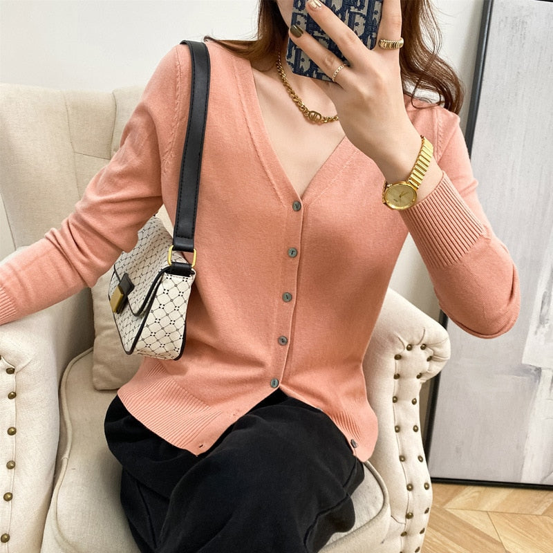 New V Neck Long Sleeve Sweater Button Cardigan Ladies Knit Tops