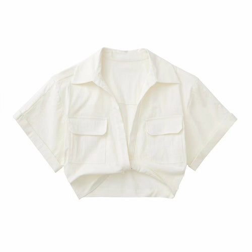 Solid White Office Ladies Casual Shirt Tops Short Sleeve Pockets
