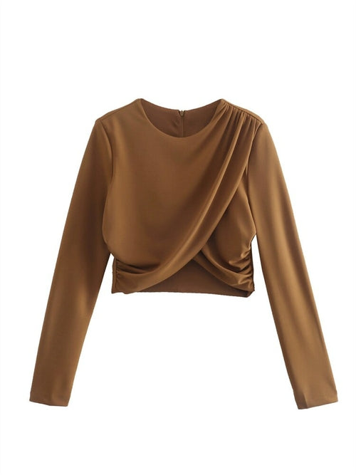 Women O Neck Long Sleeve Folds Derecration Top