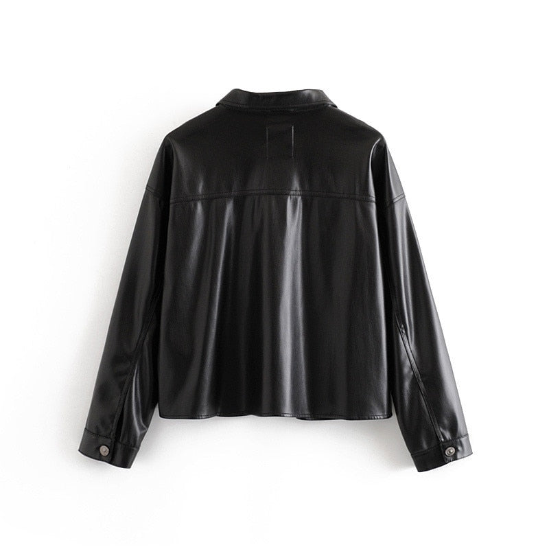 Women Black Faux Leather Coat Jacket Atumn