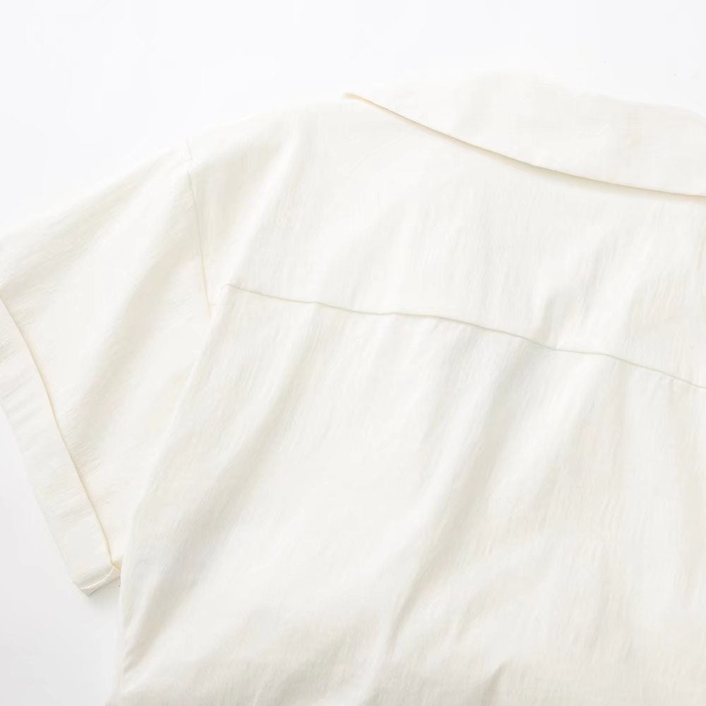 Solid White Office Ladies Casual Shirt Tops Short Sleeve Pockets
