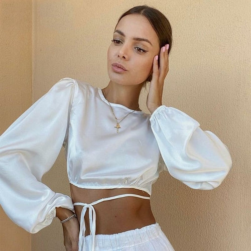 Soft Satin Backless Bow Tie T-shirt Crop Top