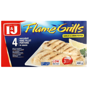 I&J Flame Grills Frozen Hake Fillet Portions In Garlic & Lemon Pepper Sauce 400g - myhoodmarket