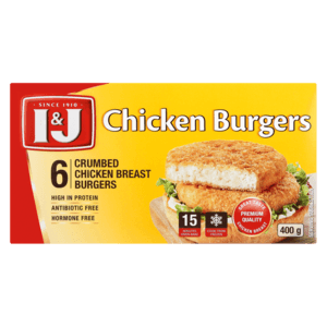 I&J Frozen Crumbed Chicken Breast Burger Patties 400g - myhoodmarket