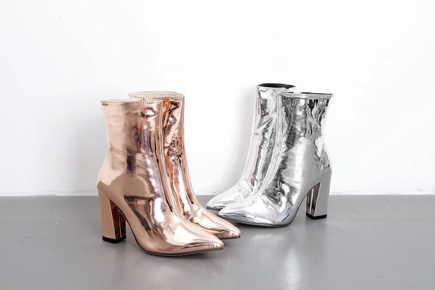 Women's Boots Mirror Color Patent Leather Pointed Toe Thick Heel High