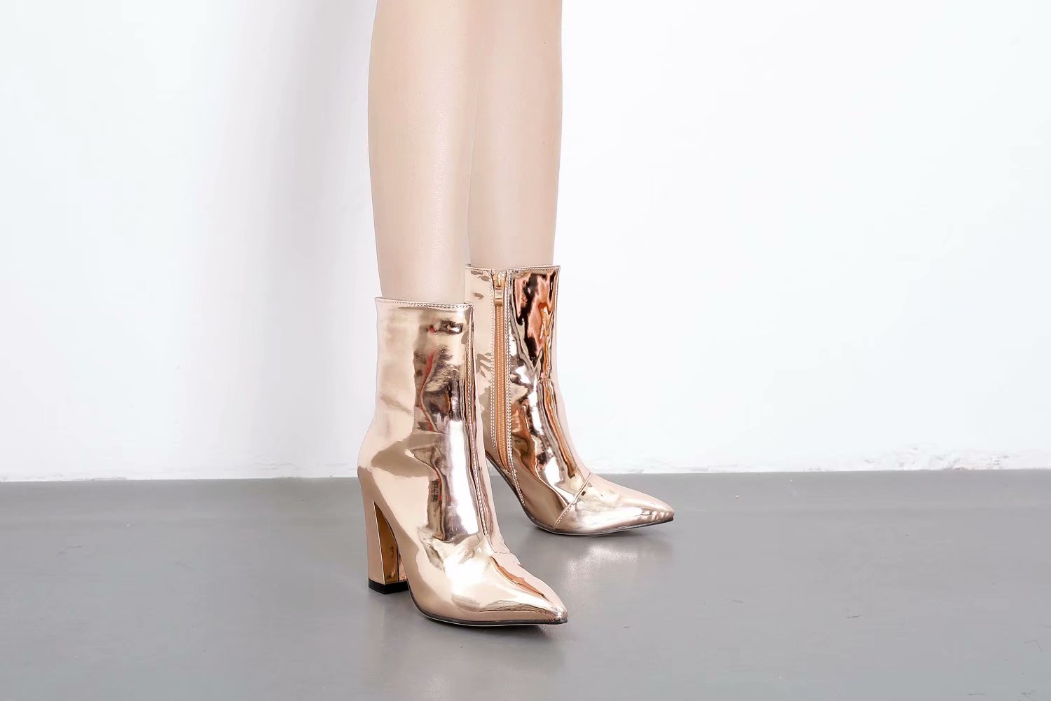 Women's Boots Mirror Color Patent Leather Pointed Toe Thick Heel High