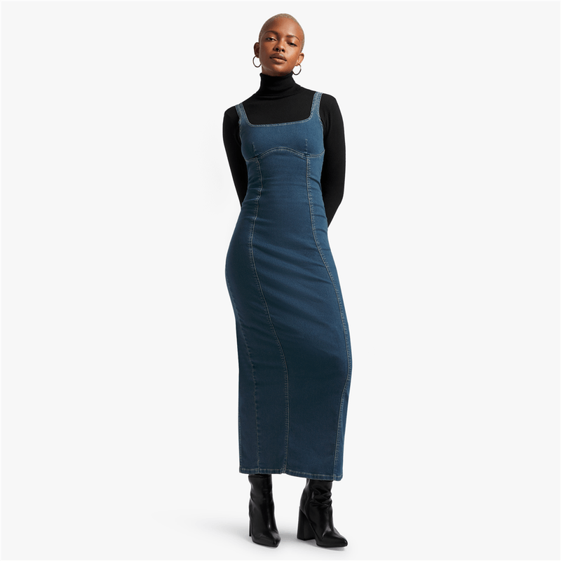 Women's Mid Wash Denim Bodycon Maxi Dress