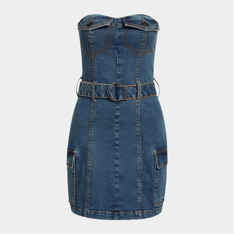 Women's Medium Wash Belted Mini Dress