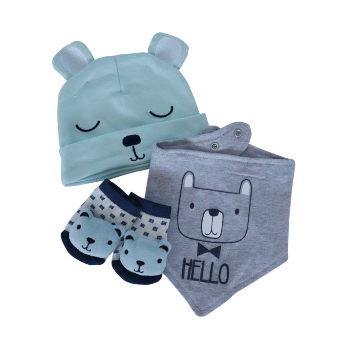 Snuggletime Hat, Bandana Bib & Sock Set 3 Piece Blue & Grey